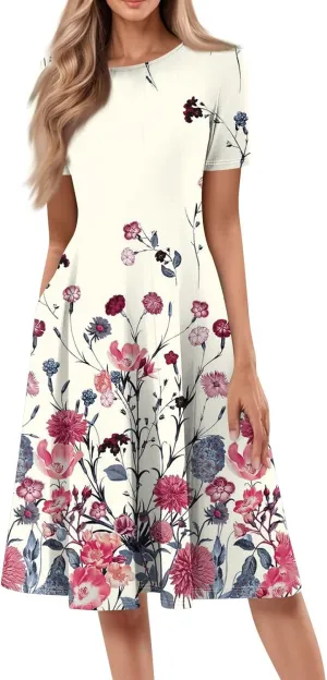 Womens Dresses 2025 Summer Crewneck Short Sleeve A Line Dress Side Pockets Empire Waist Midi Sun Dress Vacation