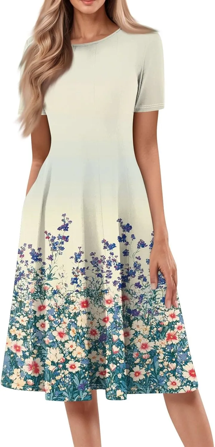 Womens Dresses 2025 Summer Crewneck Short Sleeve A Line Dress Side Pockets Empire Waist Midi Sun Dress Vacation