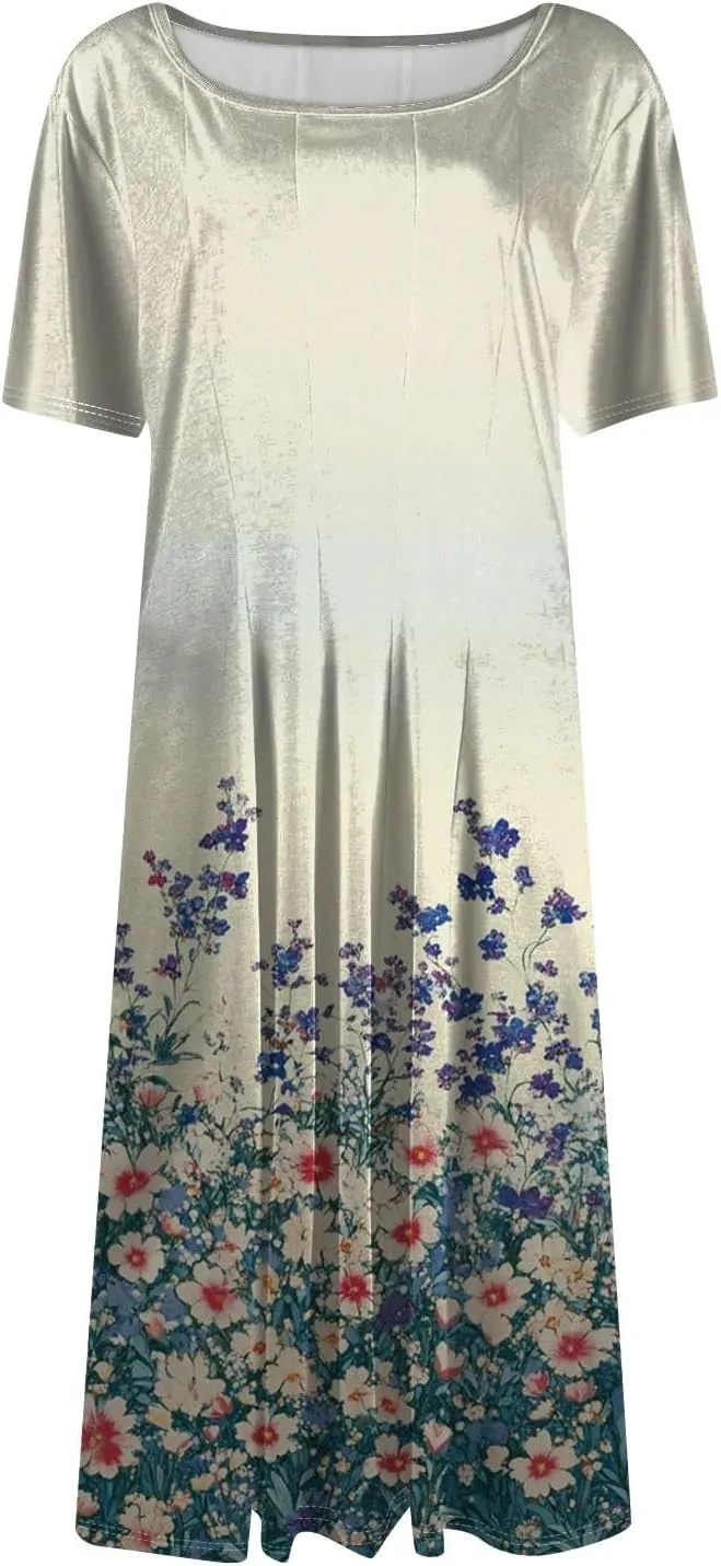 Womens Dresses 2025 Summer Crewneck Short Sleeve A Line Dress Side Pockets Empire Waist Midi Sun Dress Vacation