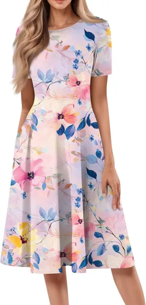 Womens Dresses 2025 Summer Empire Waist A Line Dress Side Pockets Crewneck Short Sleeve Midi Sun Dress Vacation