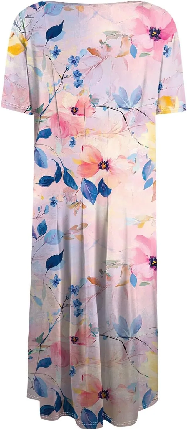 Womens Dresses 2025 Summer Empire Waist A Line Dress Side Pockets Crewneck Short Sleeve Midi Sun Dress Vacation