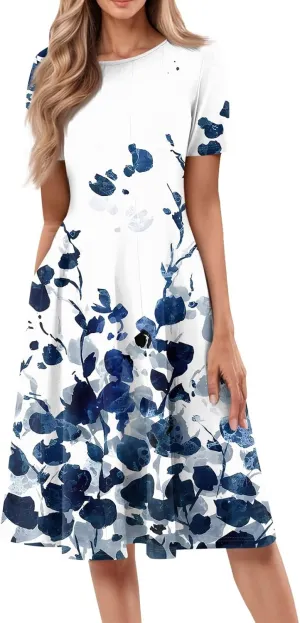 Womens Dresses 2025 Summer Empire Waist A Line Dress Side Pockets Crewneck Short Sleeve Midi Sun Dress Vacation