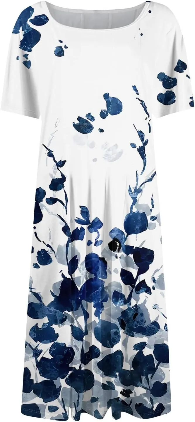 Womens Dresses 2025 Summer Empire Waist A Line Dress Side Pockets Crewneck Short Sleeve Midi Sun Dress Vacation