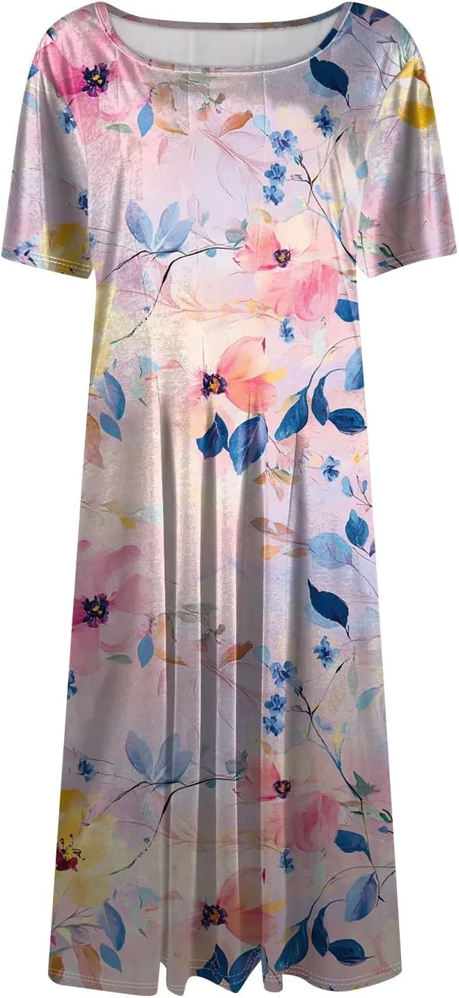 Womens Dresses 2025 Summer Empire Waist A Line Dress Side Pockets Crewneck Short Sleeve Midi Sun Dress Vacation