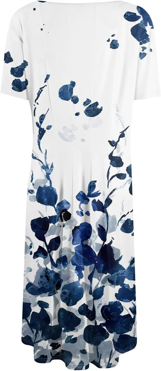 Womens Dresses 2025 Summer Empire Waist A Line Dress Side Pockets Crewneck Short Sleeve Midi Sun Dress Vacation