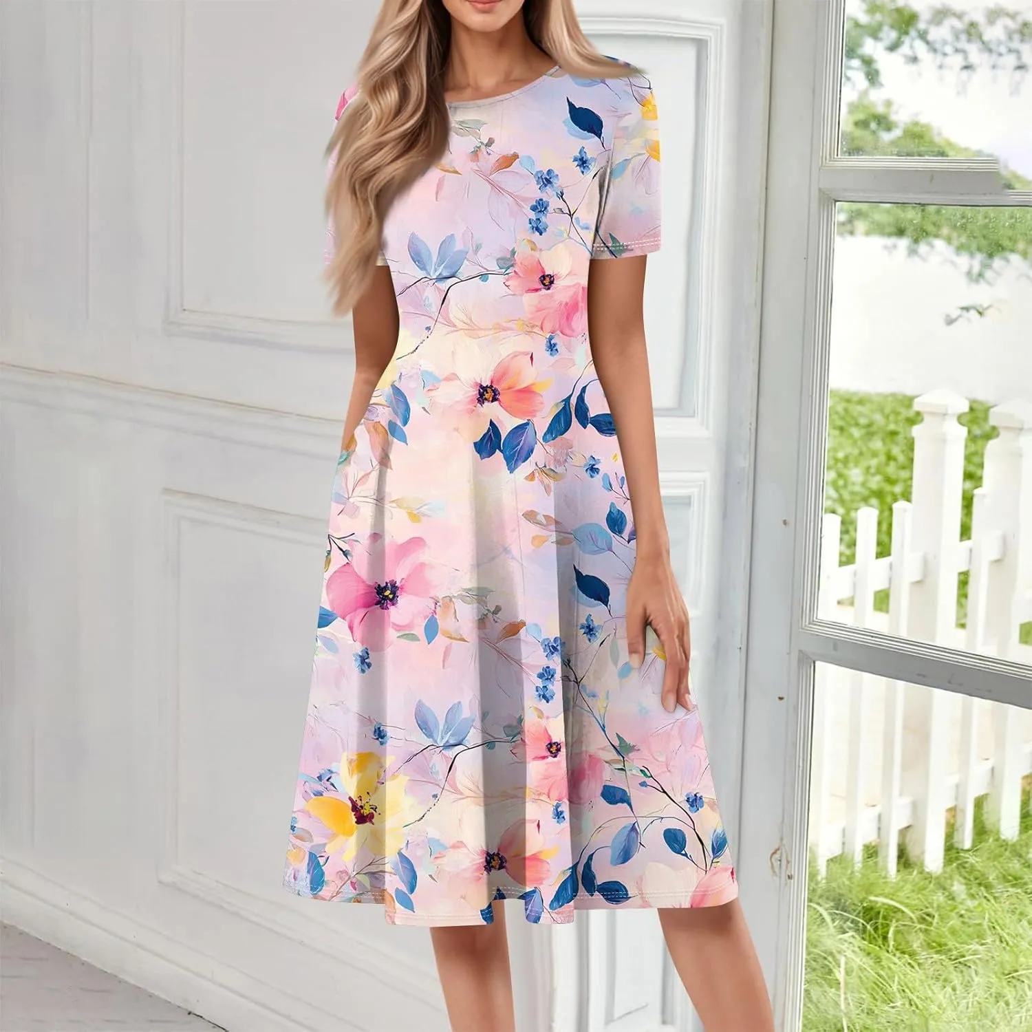 Womens Dresses 2025 Summer Empire Waist A Line Dress Side Pockets Crewneck Short Sleeve Midi Sun Dress Vacation