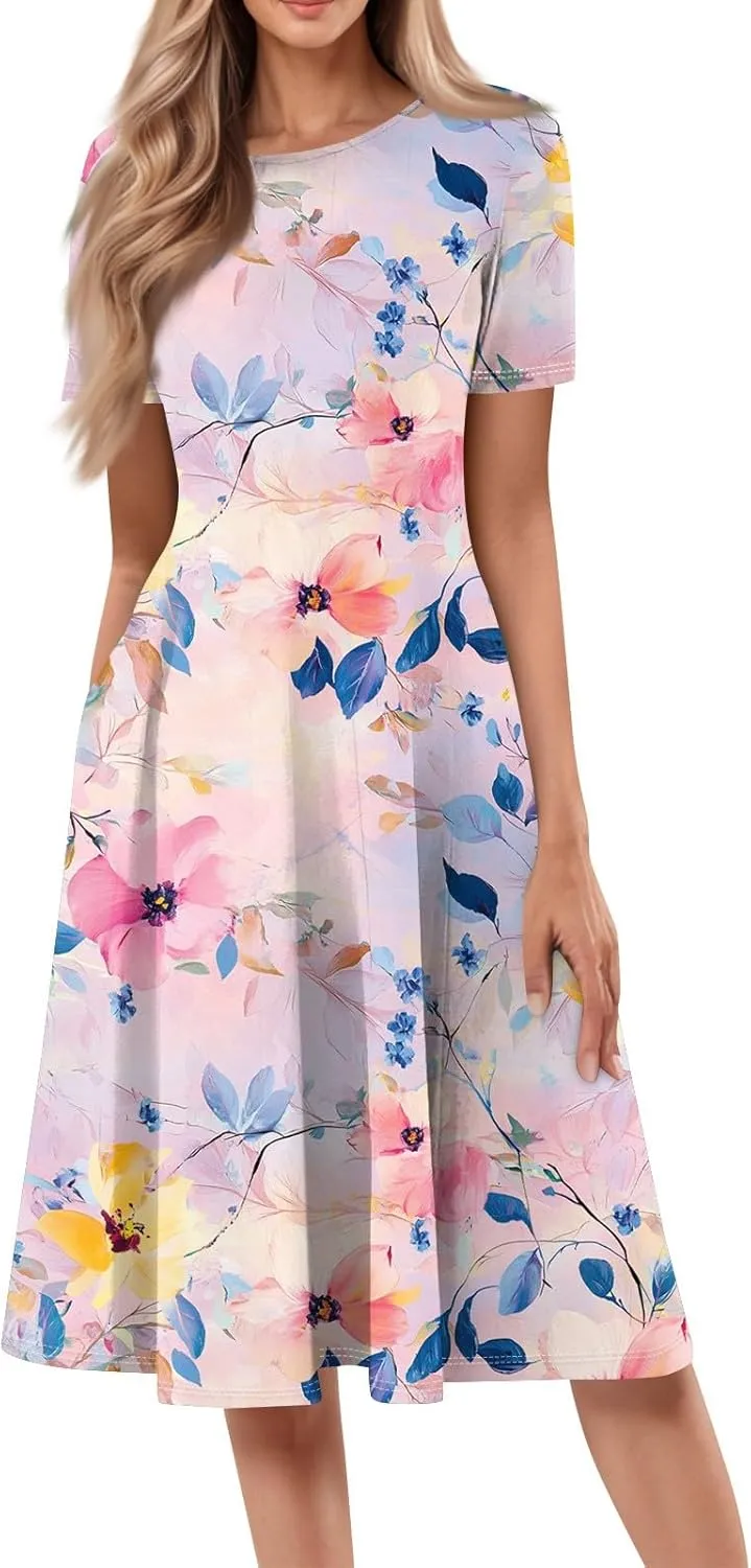 Womens Dresses 2025 Summer Empire Waist A Line Dress Side Pockets Crewneck Short Sleeve Midi Sun Dress Vacation