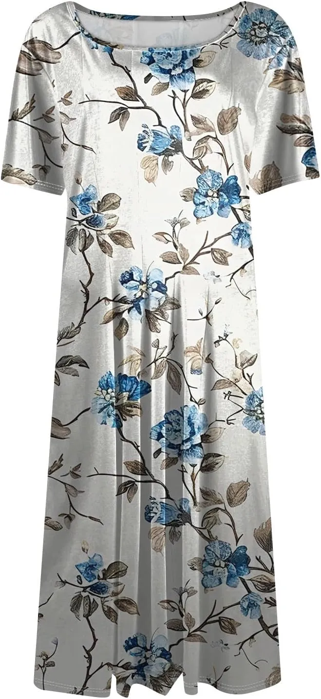 Womens Dresses 2025 Summer Empire Waist Crewneck Short Sleeve Midi Sun Dress Vacation A Line Dress Side Pockets