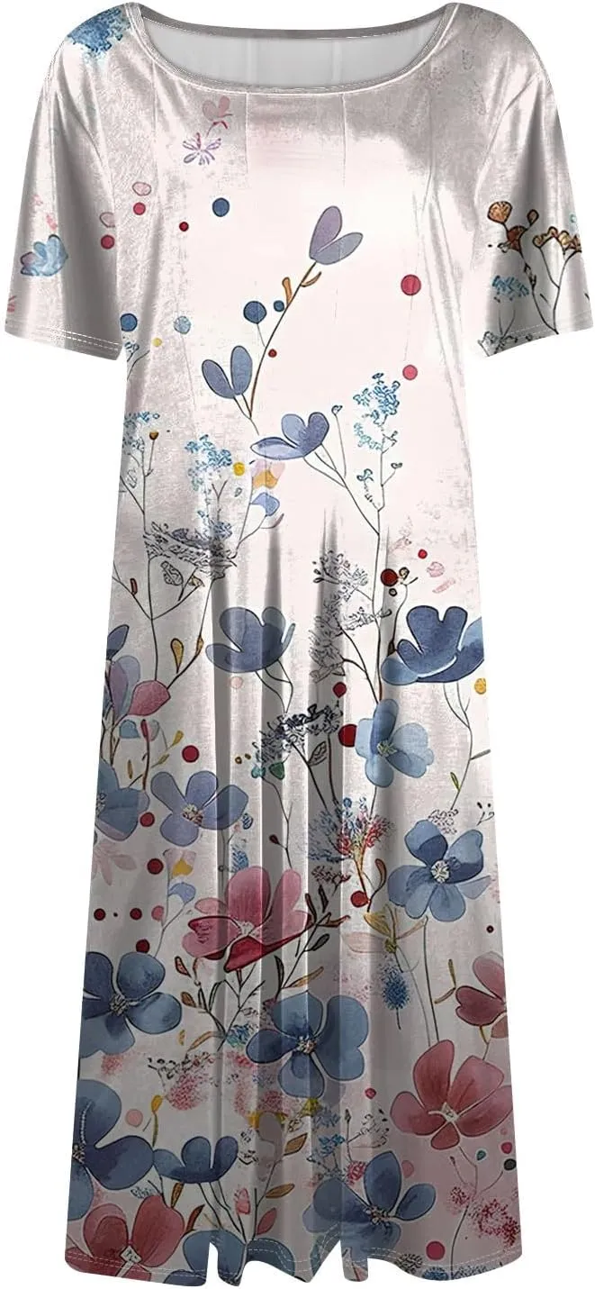 Womens Dresses 2025 Summer Empire Waist Crewneck Short Sleeve Midi Sun Dress Vacation A Line Dress Side Pockets