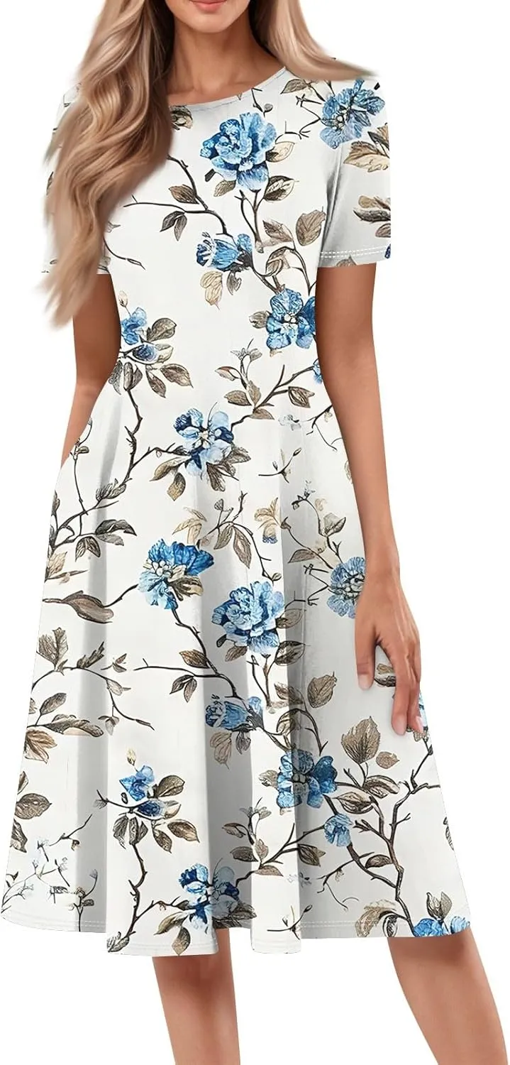 Womens Dresses 2025 Summer Empire Waist Crewneck Short Sleeve Midi Sun Dress Vacation A Line Dress Side Pockets