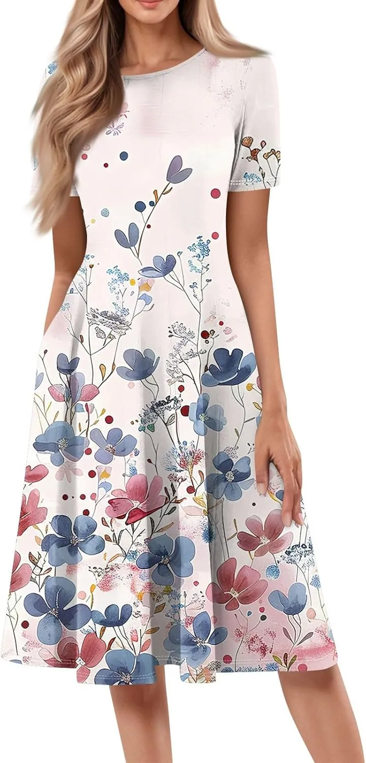 Womens Dresses 2025 Summer Empire Waist Crewneck Short Sleeve Midi Sun Dress Vacation A Line Dress Side Pockets