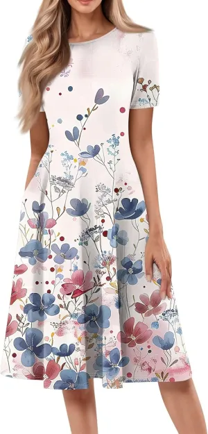 Womens Dresses 2025 Summer Empire Waist Crewneck Short Sleeve Midi Sun Dress Vacation A Line Dress Side Pockets