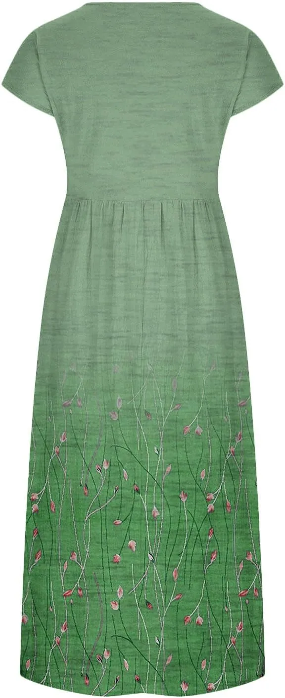 Womens Dresses Gradient Print Round Neck Sleeveless Retro Cotton and Linen Long Skirt Dress Suspender Round Neck Dress