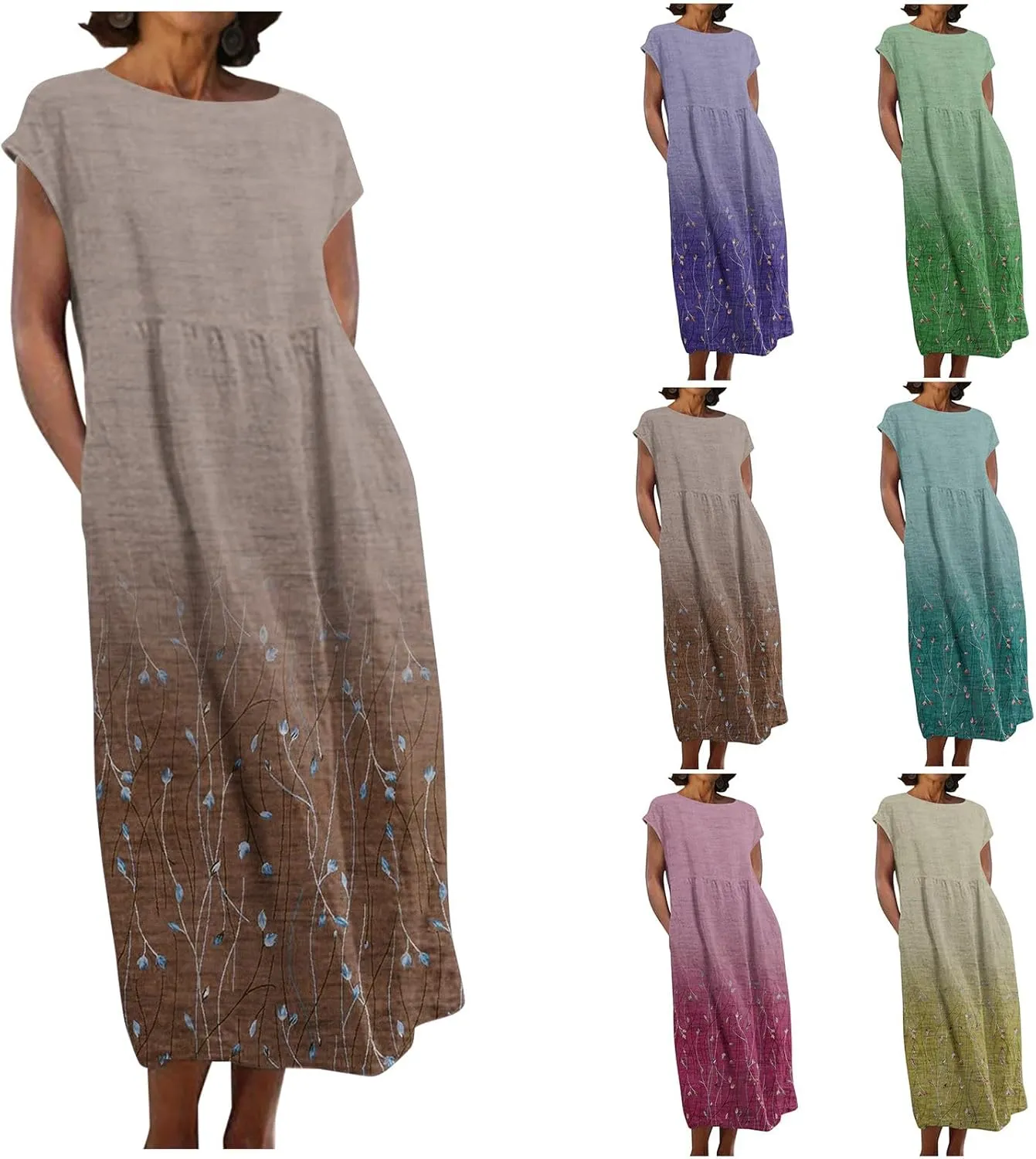 Womens Dresses Gradient Print Round Neck Sleeveless Retro Cotton and Linen Long Skirt Dress Suspender Round Neck Dress