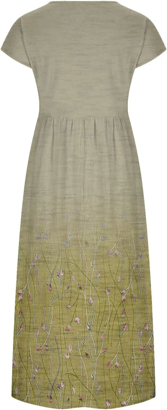 Womens Dresses Gradient Print Round Neck Sleeveless Retro Cotton and Linen Long Skirt Dress Suspender Round Neck Dress