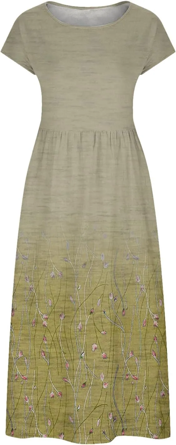 Womens Dresses Gradient Print Round Neck Sleeveless Retro Cotton and Linen Long Skirt Dress Suspender Round Neck Dress
