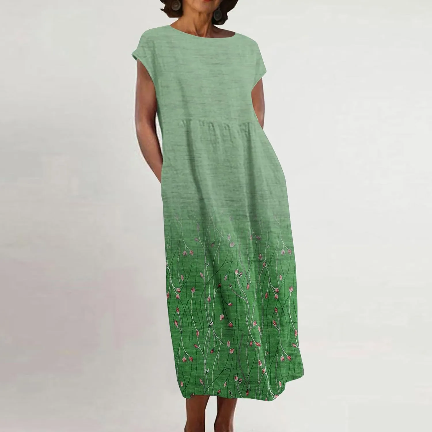 Womens Dresses Gradient Print Round Neck Sleeveless Retro Cotton and Linen Long Skirt Dress Suspender Round Neck Dress