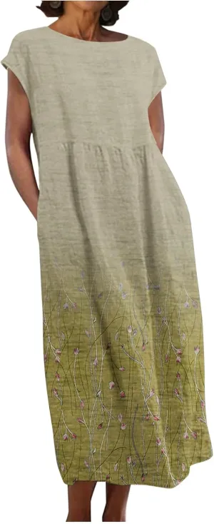 Womens Dresses Gradient Print Round Neck Sleeveless Retro Cotton and Linen Long Skirt Dress Suspender Round Neck Dress