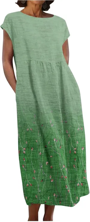 Womens Dresses Gradient Print Round Neck Sleeveless Retro Cotton and Linen Long Skirt Dress Suspender Round Neck Dress