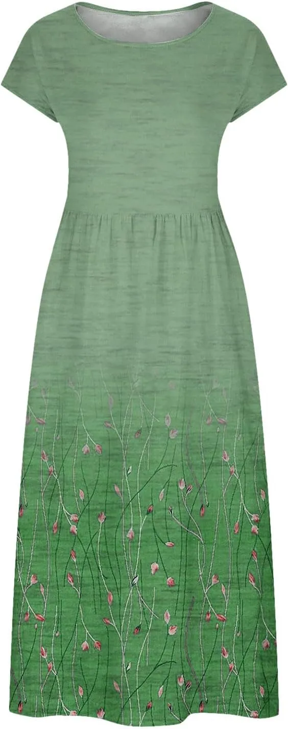 Womens Dresses Gradient Print Round Neck Sleeveless Retro Cotton and Linen Long Skirt Dress Suspender Round Neck Dress