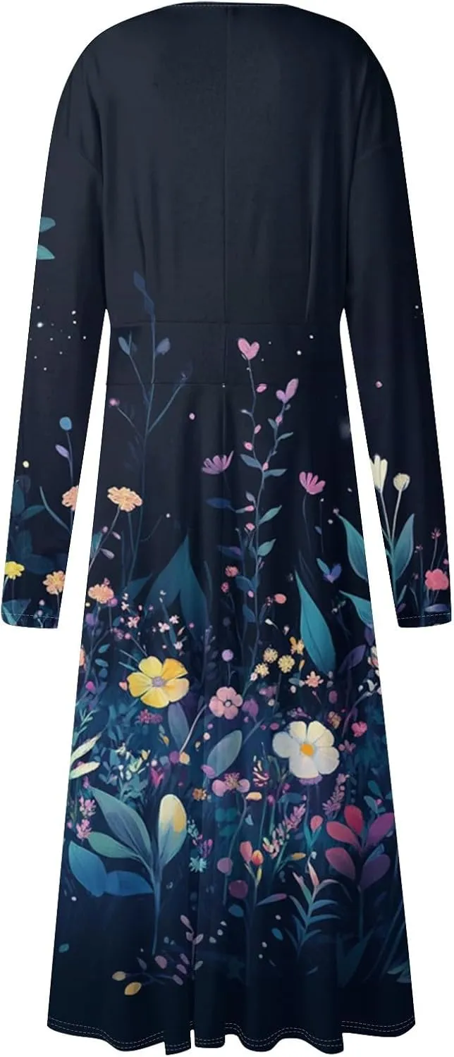Womens Dresses Spring 2025 Long Sleeve V Neck A-Line Dress Trendy Cruise Wear Classy Outfits Casual Boho Clothes