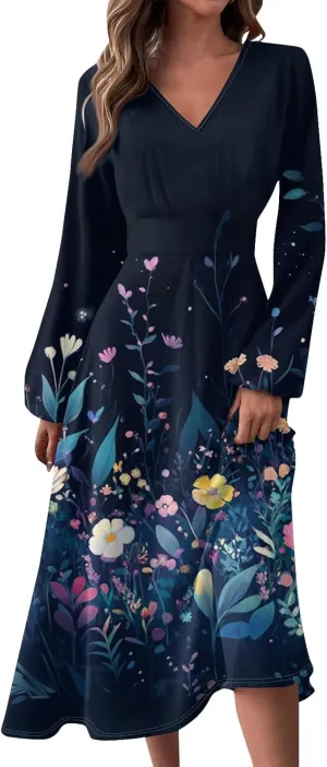 Womens Dresses Spring 2025 Long Sleeve V Neck A-Line Dress Trendy Cruise Wear Classy Outfits Casual Boho Clothes