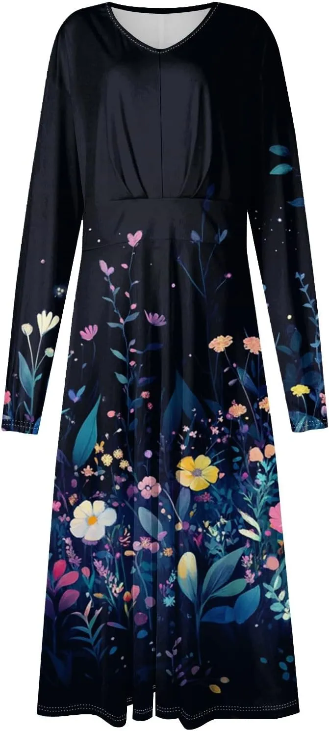 Womens Dresses Spring 2025 Long Sleeve V Neck A-Line Dress Trendy Cruise Wear Classy Outfits Casual Boho Clothes