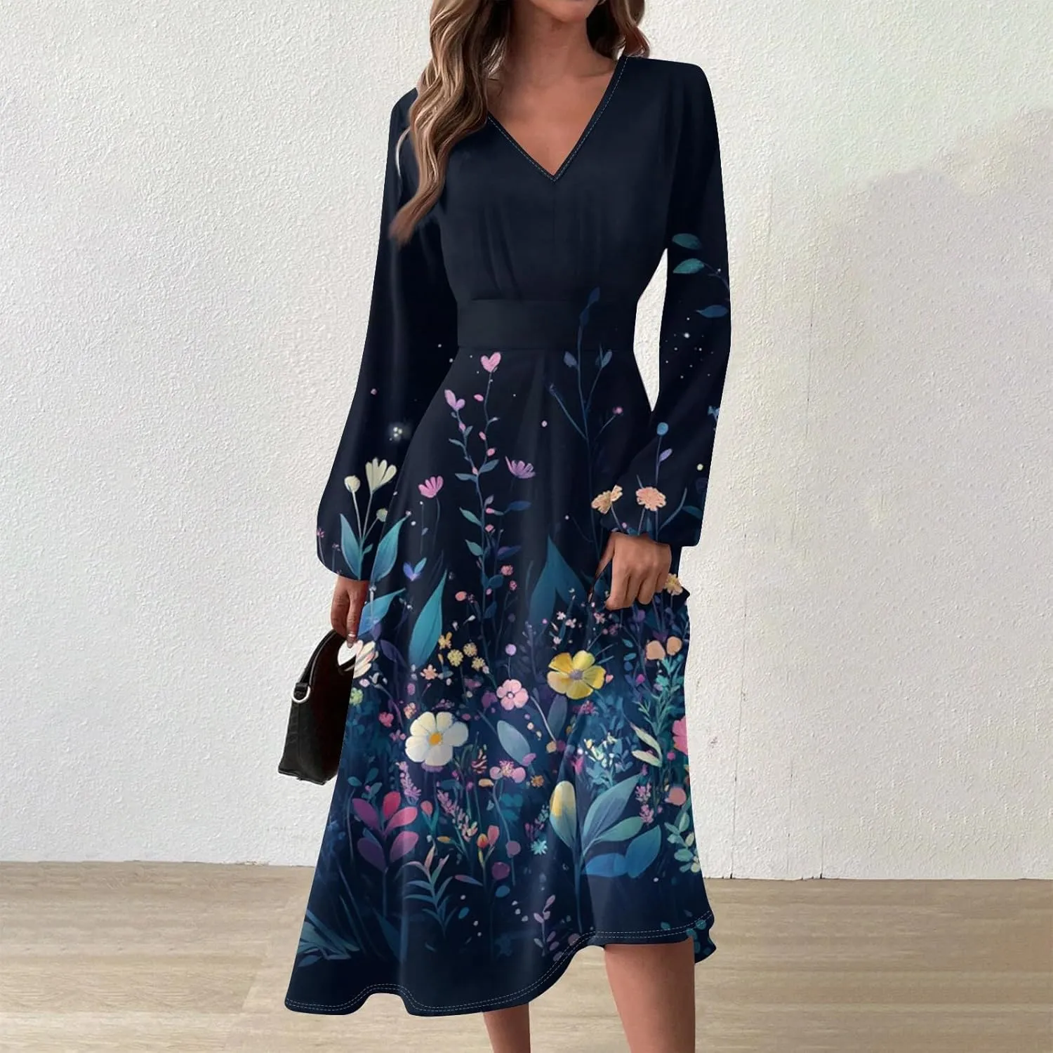 Womens Dresses Spring 2025 Long Sleeve V Neck A-Line Dress Trendy Cruise Wear Classy Outfits Casual Boho Clothes