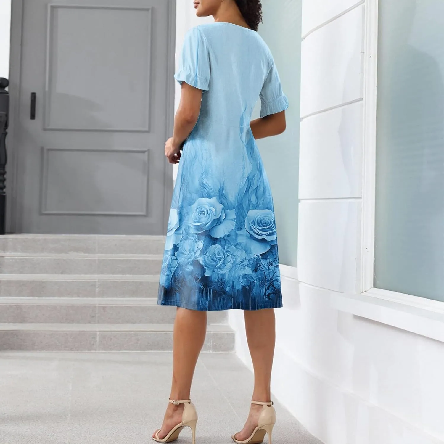 Women's Dresses Summer V Neck Short Sleeve Ruffle Wrap Floral Boho Irregular Hem Beach Midi Cute Dresses, S-2XL