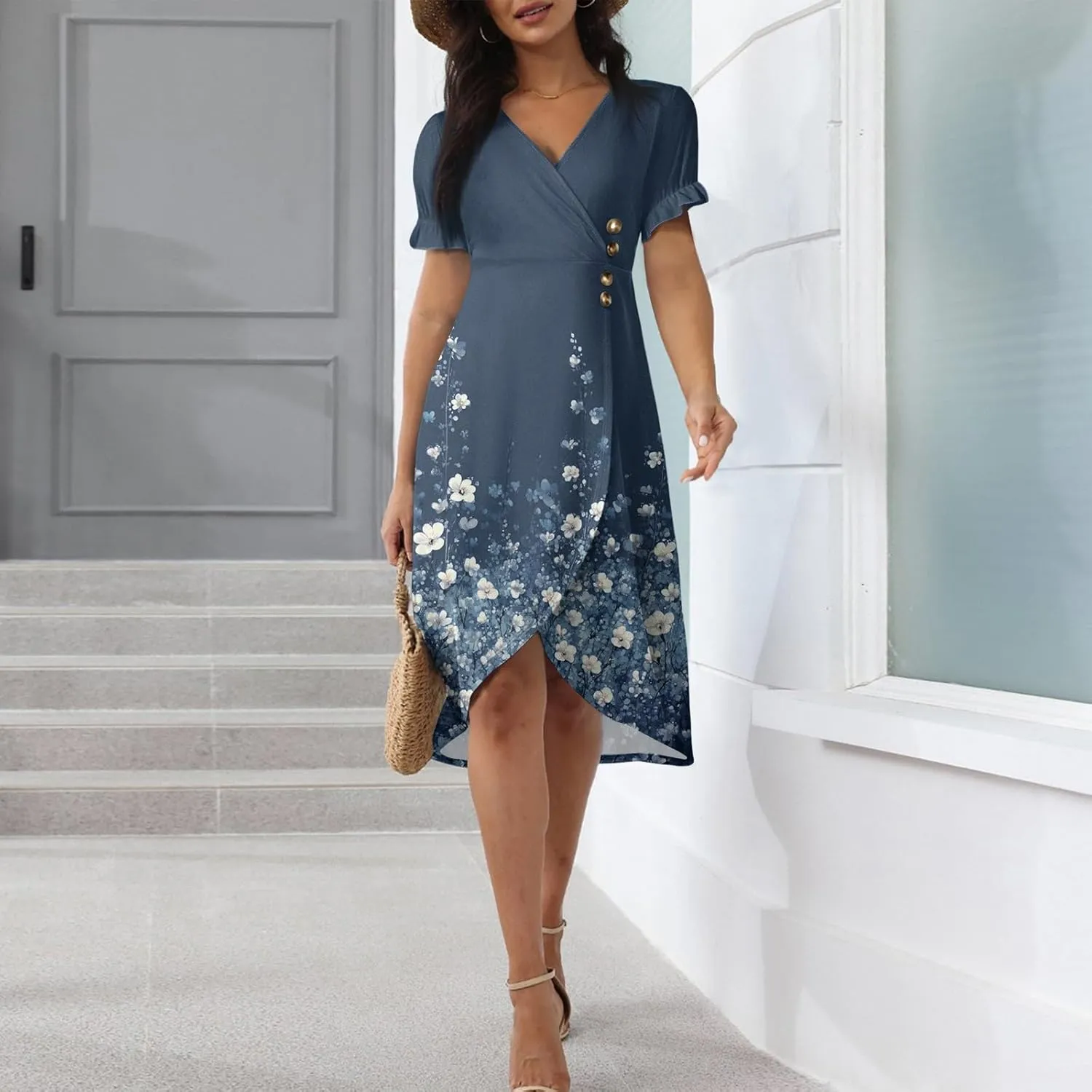 Women's Dresses Summer V Neck Short Sleeve Ruffle Wrap Floral Boho Irregular Hem Beach Midi Cute Dresses, S-2XL