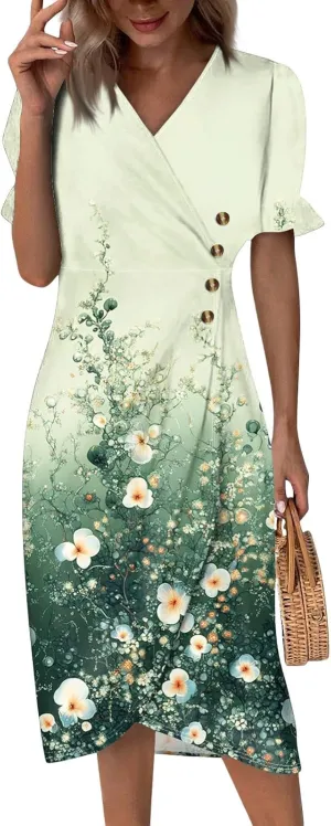 Women's Dresses Summer V Neck Short Sleeve Ruffle Wrap Floral Boho Irregular Hem Beach Midi Cute Dresses, S-2XL