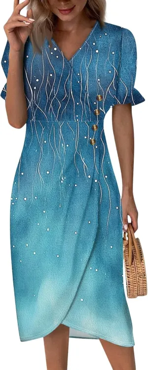 Women's Dresses Summer V Neck Short Sleeve Ruffle Wrap Floral Boho Irregular Hem Beach Midi Cute Dresses, S-2XL
