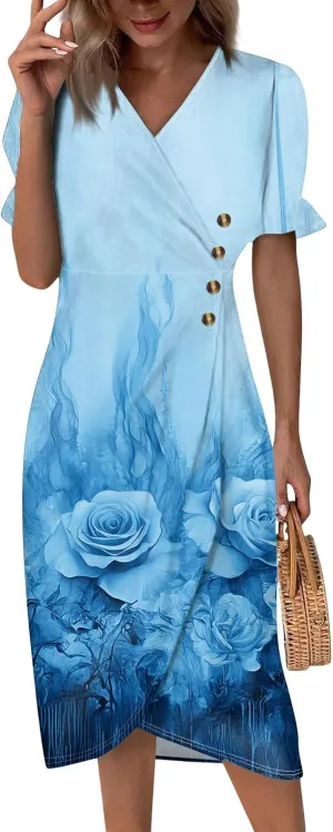 Women's Dresses Summer V Neck Short Sleeve Ruffle Wrap Floral Boho Irregular Hem Beach Midi Cute Dresses, S-2XL