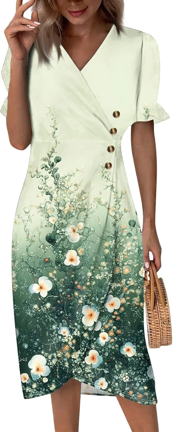 Women's Dresses Summer V Neck Short Sleeve Ruffle Wrap Floral Boho Irregular Hem Beach Midi Cute Dresses, S-2XL