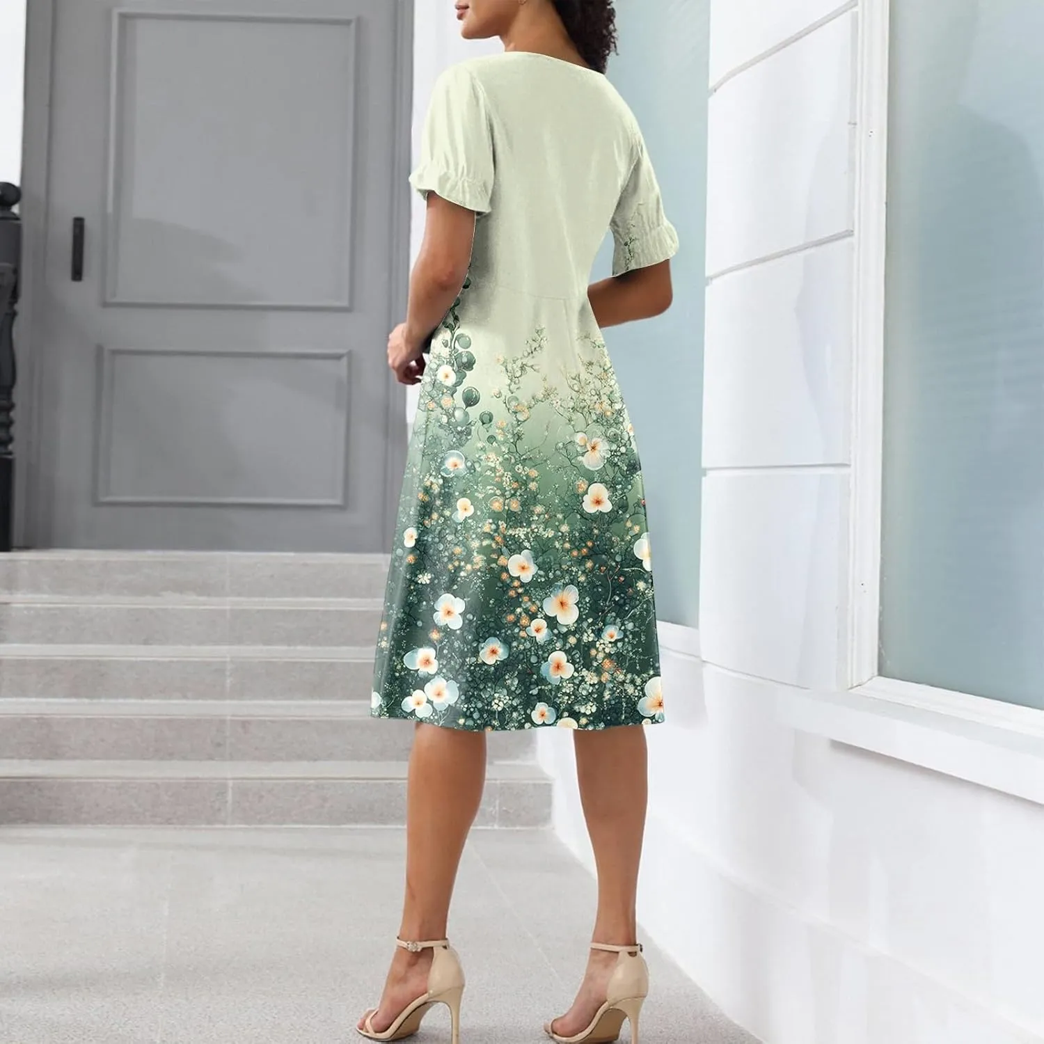 Women's Dresses Summer V Neck Short Sleeve Ruffle Wrap Floral Boho Irregular Hem Beach Midi Cute Dresses, S-2XL