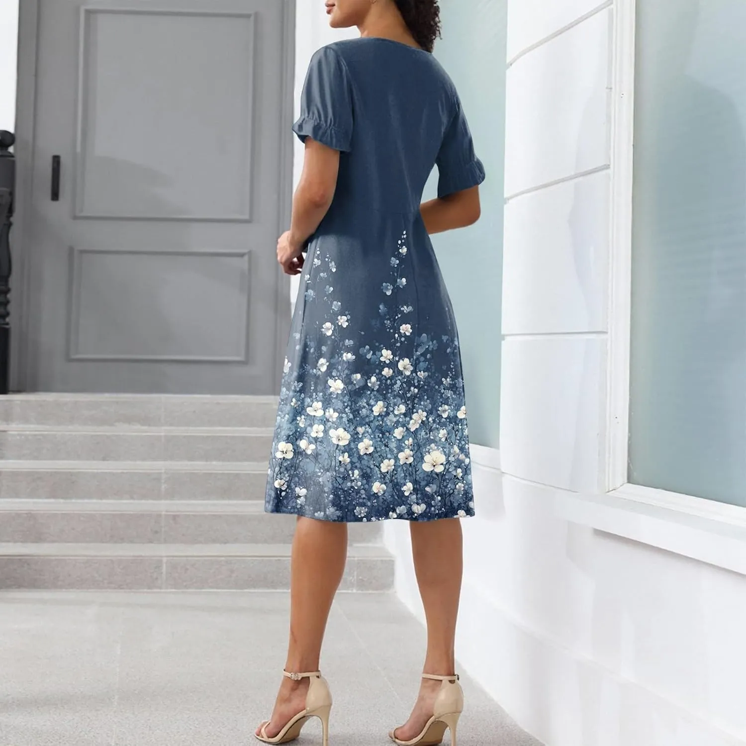 Women's Dresses Summer V Neck Short Sleeve Ruffle Wrap Floral Boho Irregular Hem Beach Midi Cute Dresses, S-2XL
