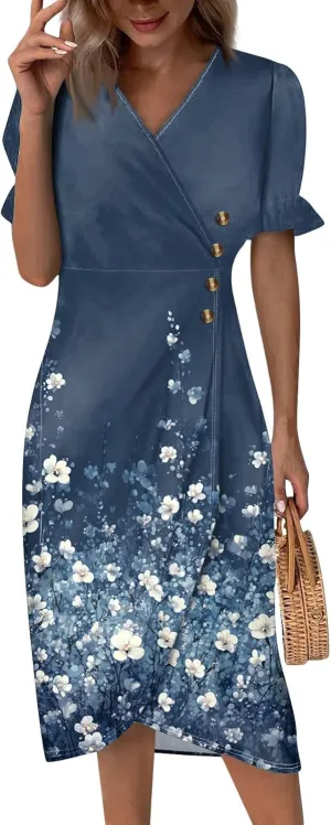 Women's Dresses Summer V Neck Short Sleeve Ruffle Wrap Floral Boho Irregular Hem Beach Midi Cute Dresses, S-2XL