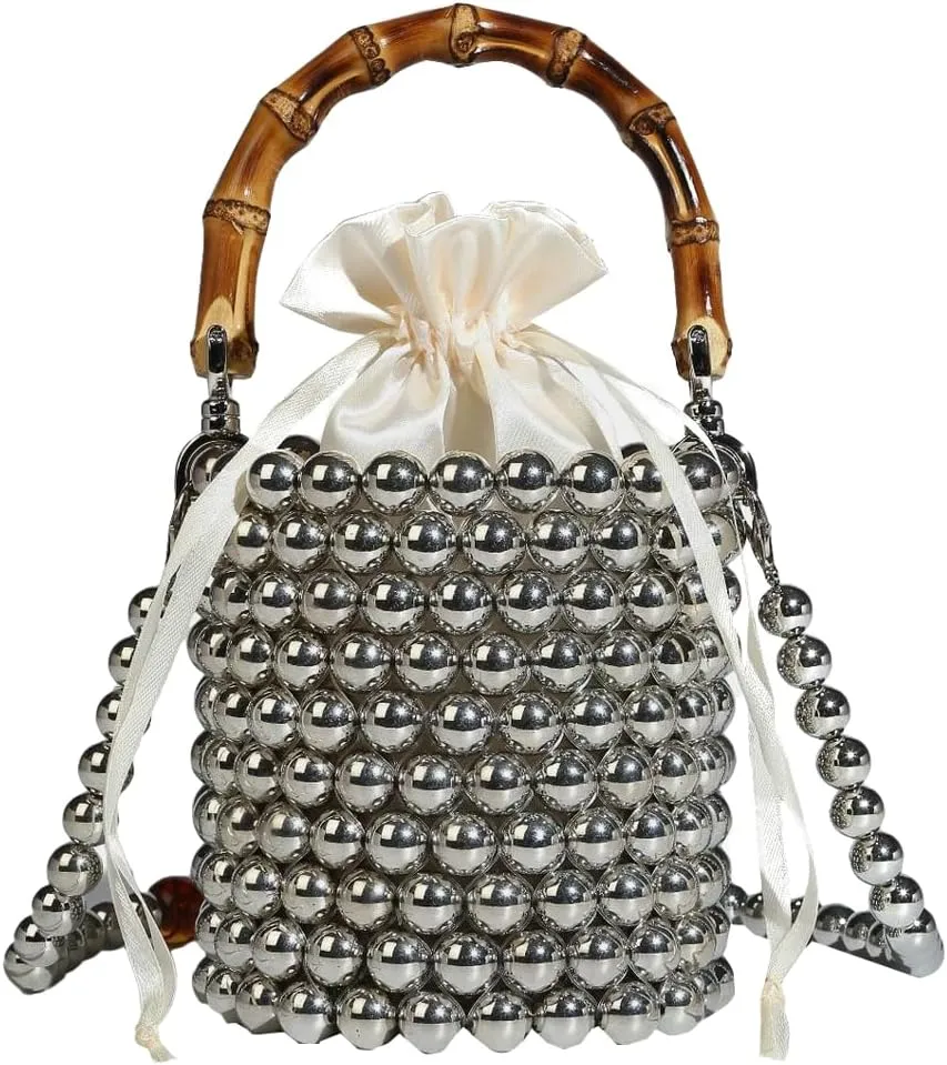 Womens Elegant Bucket Clutch Small Pearl Beaded Crossbody Shoulder Bag Handbag Ladies Tote Purse for Party Wedding