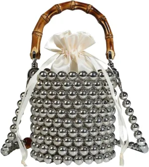 Womens Elegant Bucket Clutch Small Pearl Beaded Crossbody Shoulder Bag Handbag Ladies Tote Purse for Party Wedding