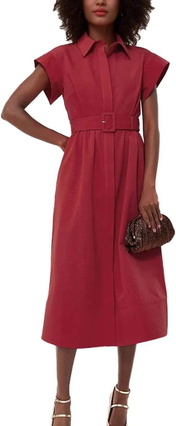 Women's Elegant Midi Shirt Dress Button Down Collared Trench Coat Business Dresses with Belt