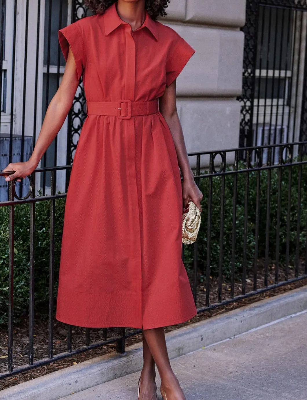 Women's Elegant Midi Shirt Dress Button Down Collared Trench Coat Business Dresses with Belt