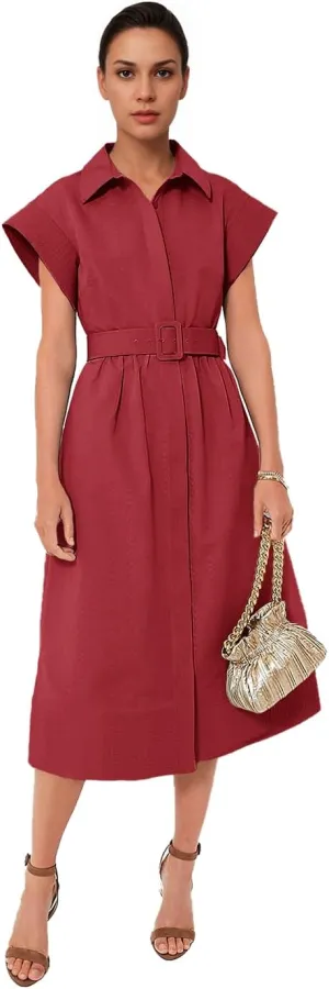 Women's Elegant Midi Shirt Dress Button Down Collared Trench Coat Business Dresses with Belt