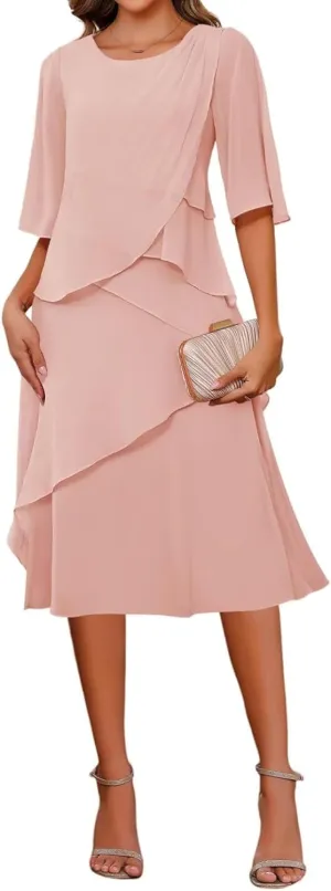 Women's Elegant Mother of The Bride Dresses for Wedding Short Sleeve Ruffles Chiffon Formal Evening Dress
