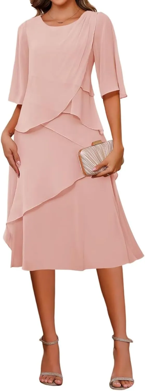 Women's Elegant Mother of The Bride Dresses for Wedding Short Sleeve Ruffles Chiffon Formal Evening Dress