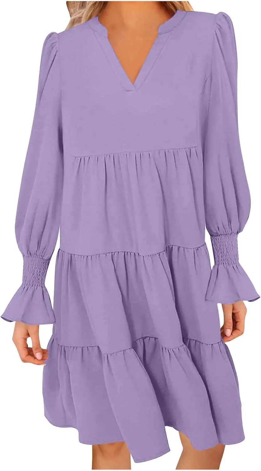 Womens Fall Dresses Causal Dressy Long Sleeve V Neck Tiered Pleated Ruffle Dress Elegant Sexy Work Solid Mini Dress