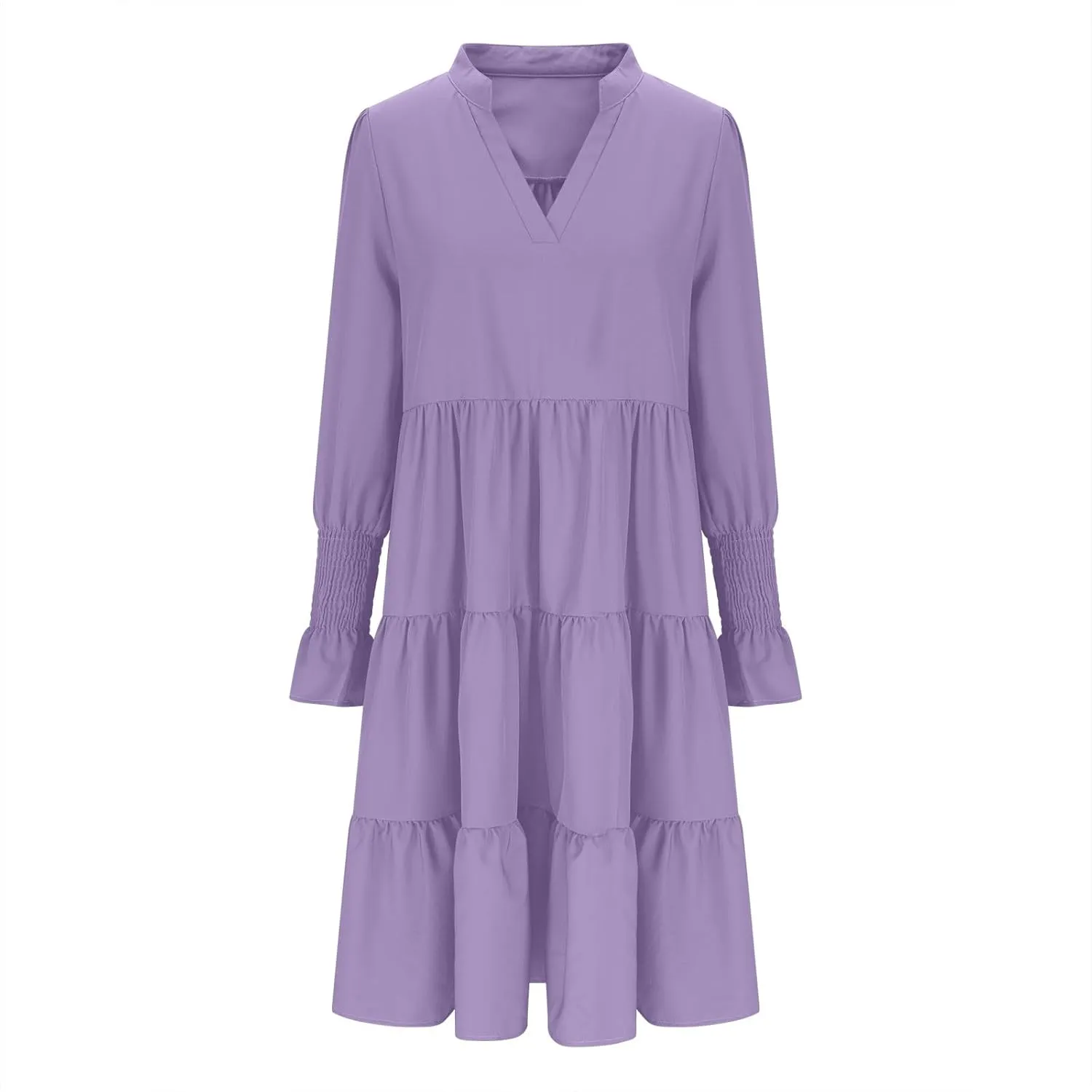 Womens Fall Dresses Causal Dressy Long Sleeve V Neck Tiered Pleated Ruffle Dress Elegant Sexy Work Solid Mini Dress