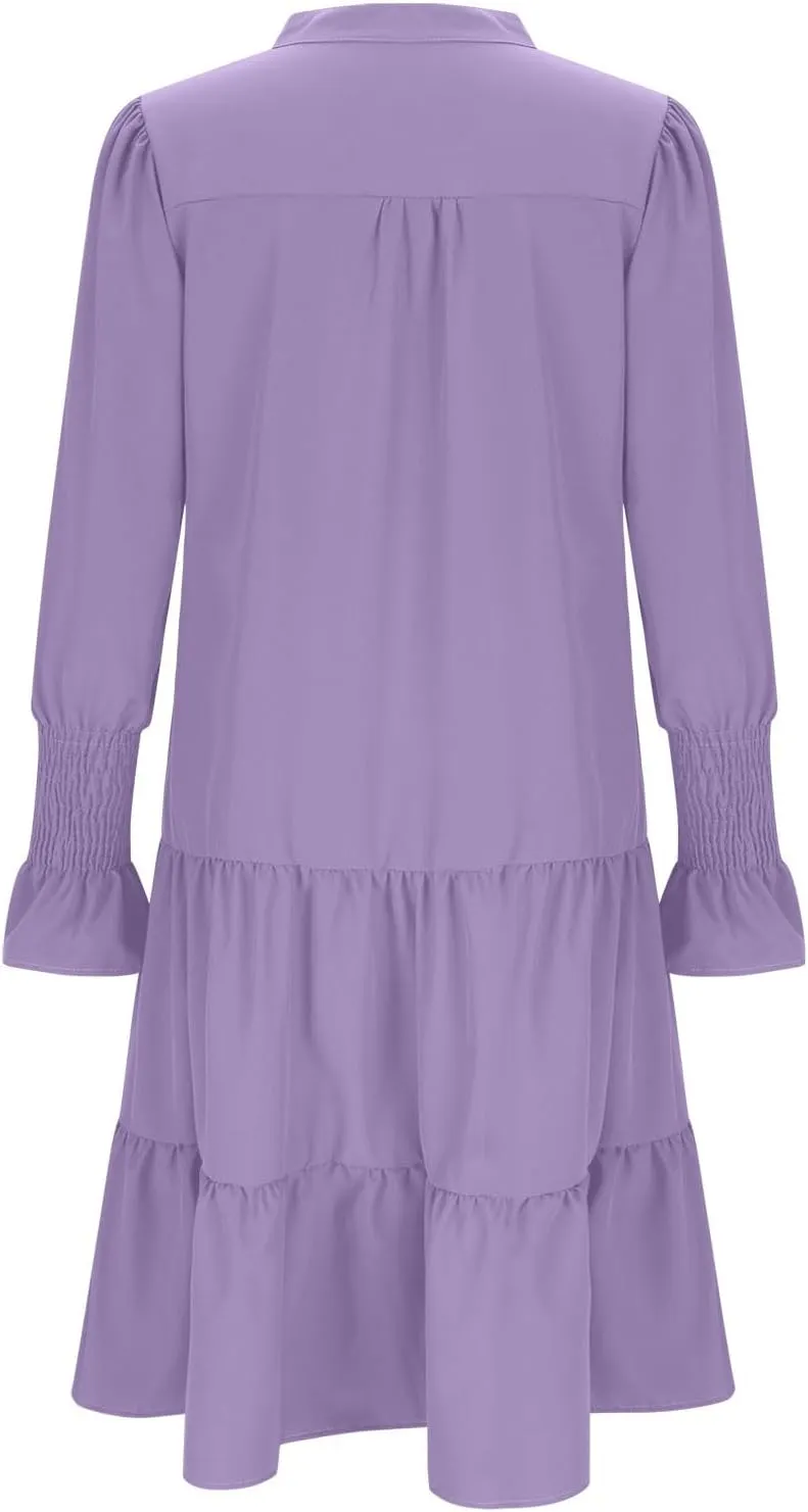 Womens Fall Dresses Causal Dressy Long Sleeve V Neck Tiered Pleated Ruffle Dress Elegant Sexy Work Solid Mini Dress