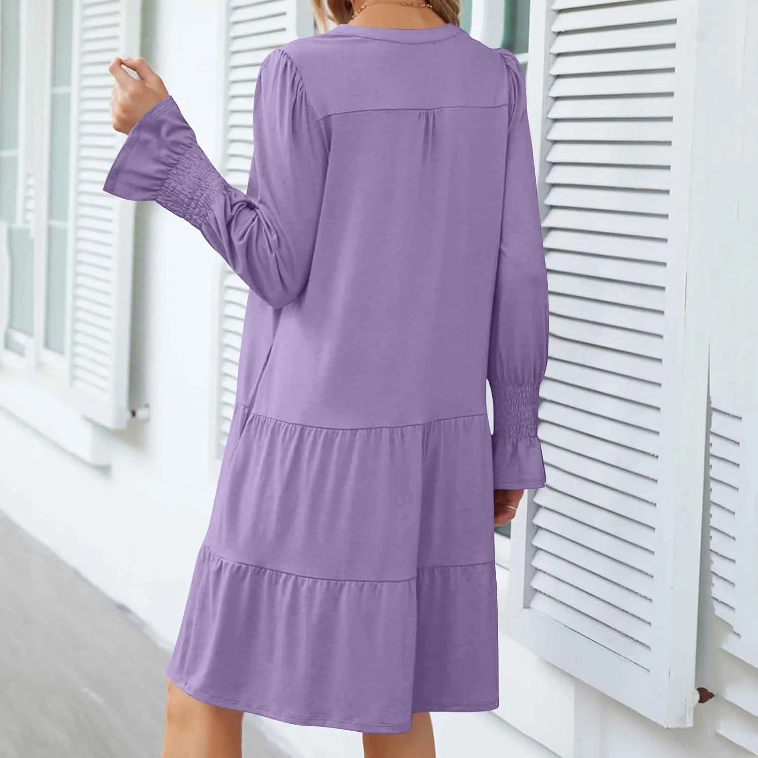 Womens Fall Dresses Causal Dressy Long Sleeve V Neck Tiered Pleated Ruffle Dress Elegant Sexy Work Solid Mini Dress
