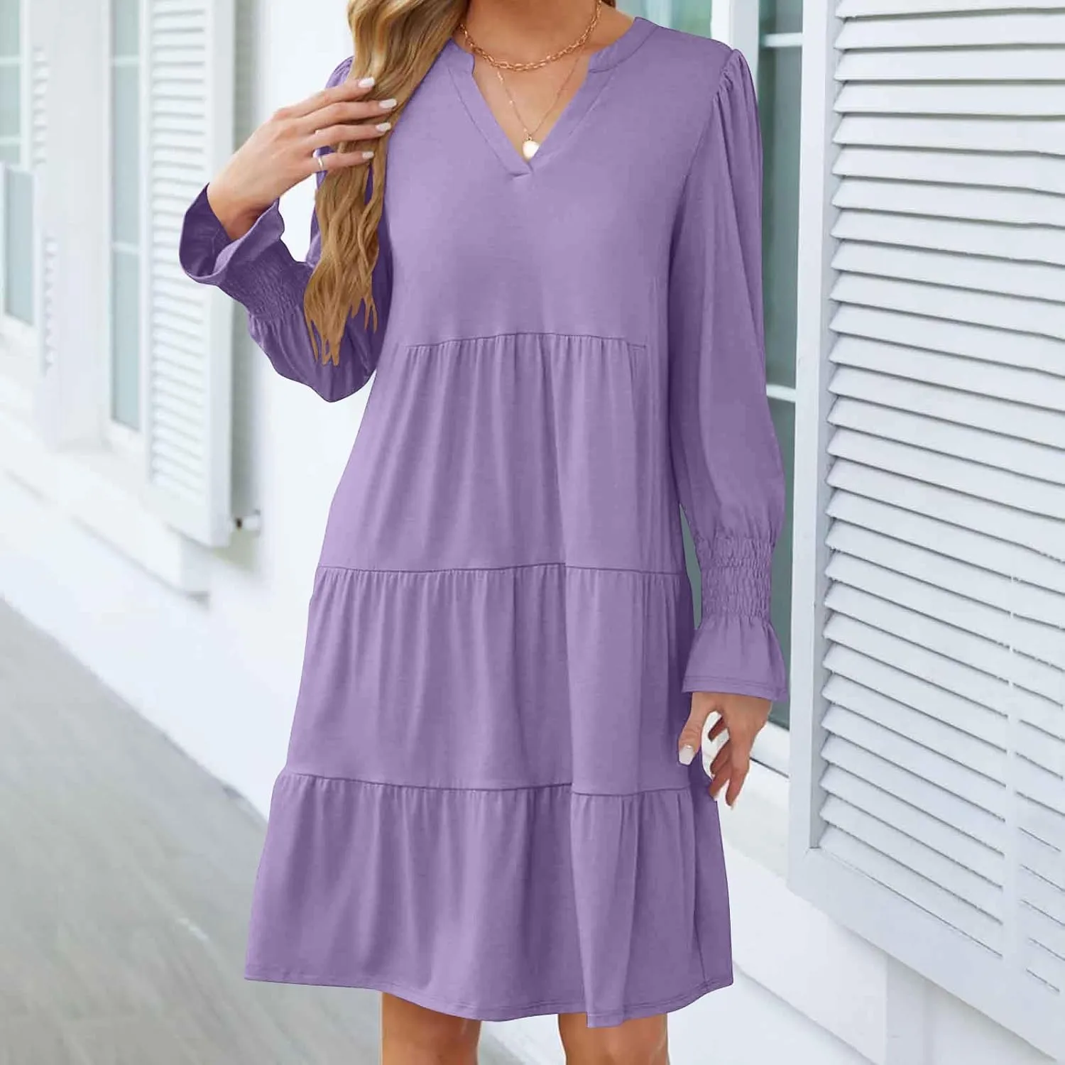 Womens Fall Dresses Causal Dressy Long Sleeve V Neck Tiered Pleated Ruffle Dress Elegant Sexy Work Solid Mini Dress