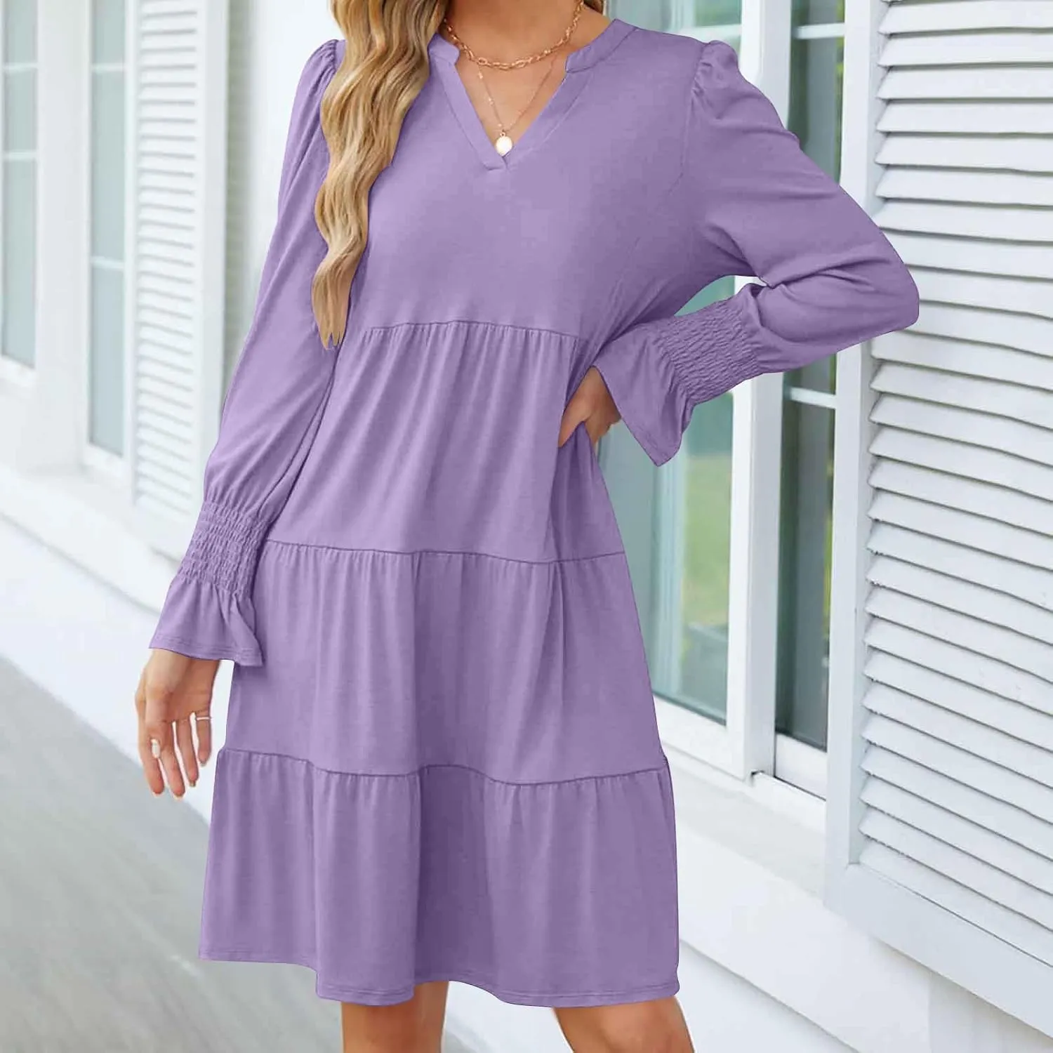 Womens Fall Dresses Causal Dressy Long Sleeve V Neck Tiered Pleated Ruffle Dress Elegant Sexy Work Solid Mini Dress